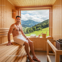 Relaxing Man in Wooden Sauna with Scenic Mountain View
