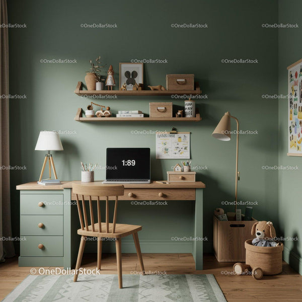 Modern Children's Study Room with Green Wall and Wooden Furniture