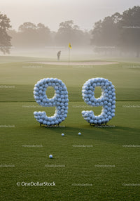 Golf course scene with golf ball number sculptures and player