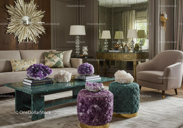 Elegant Living Room with Decorative Crystals and Velvet Ottomans
