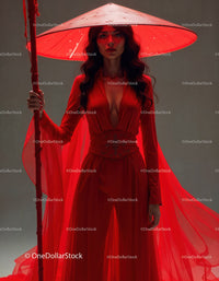 Elegant Woman in Red Dress with Accessories Against Red Background