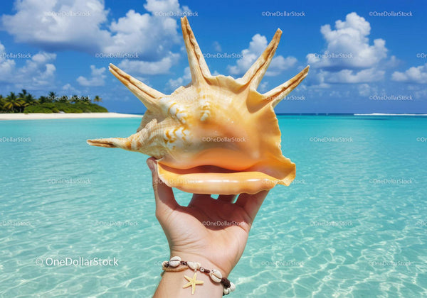 Beautiful Tropical Beach Scene with Conch Shell and Blue Sky