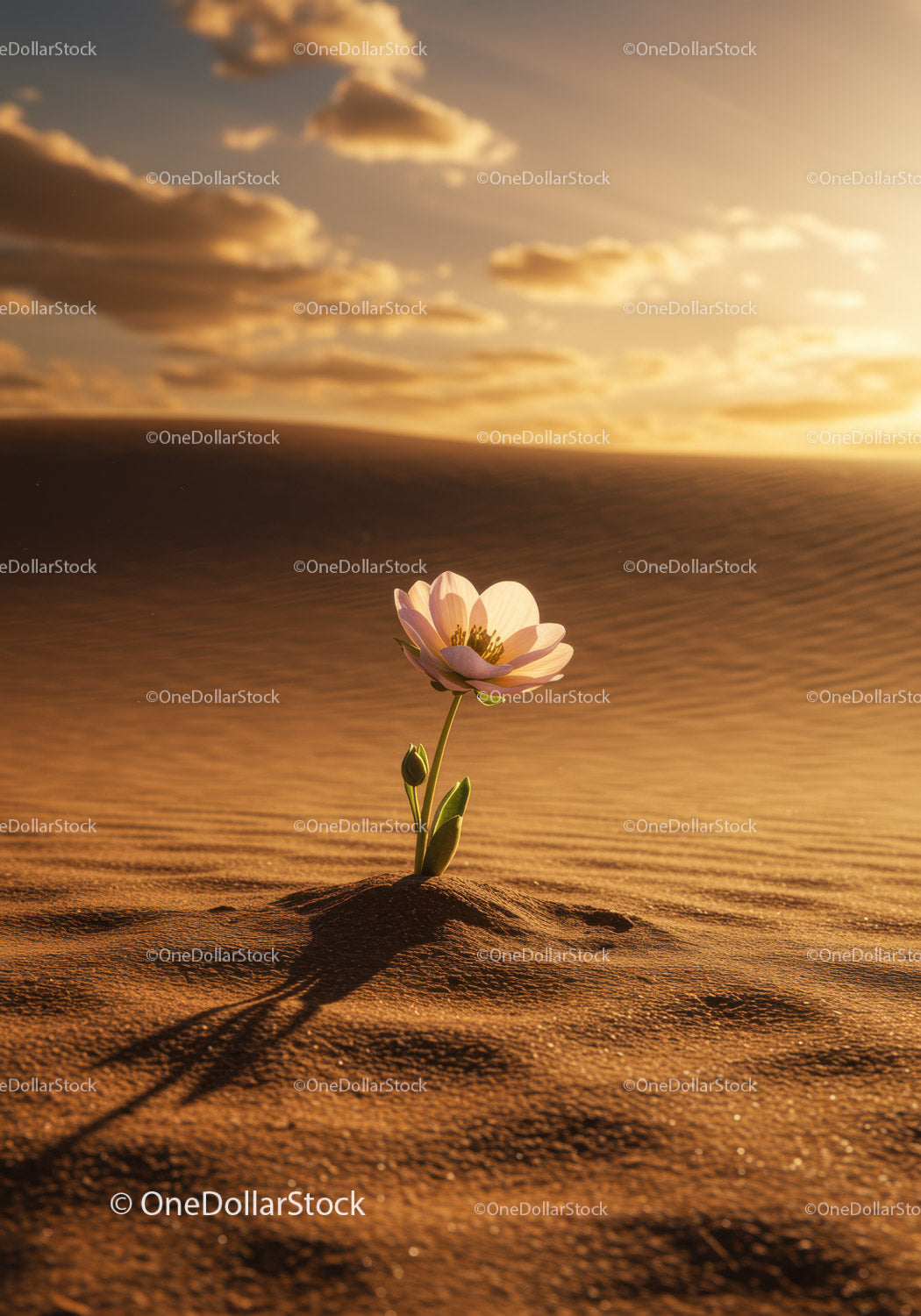 Delicate flower blooming in vast desert at sunset