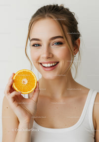 Bright Young Woman Holding Fresh Orange Slice Smiling Portrait
