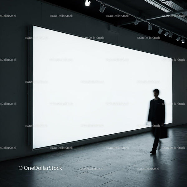 Silhouetted businessman walking past bright billboard JPG Mockup Image