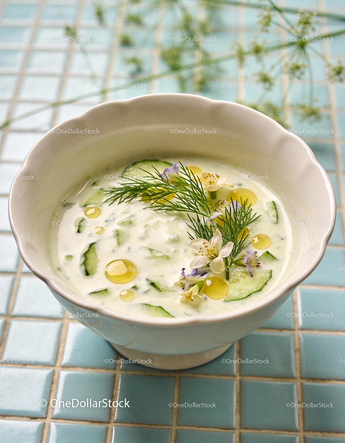 Cold Cucumber Soup with Dill and Edible Flowers