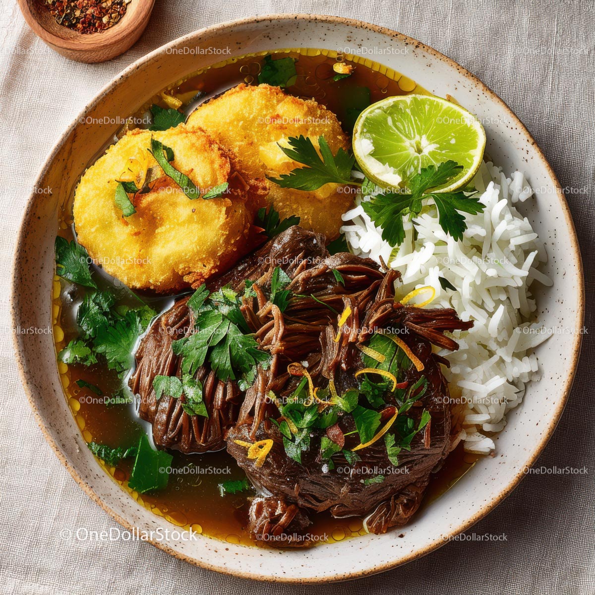 Savory Traditional Dish with Rice, Beef, and Fried Plantains