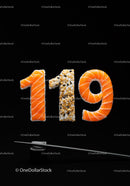Creative sushi arranged as numbers 119 on black background