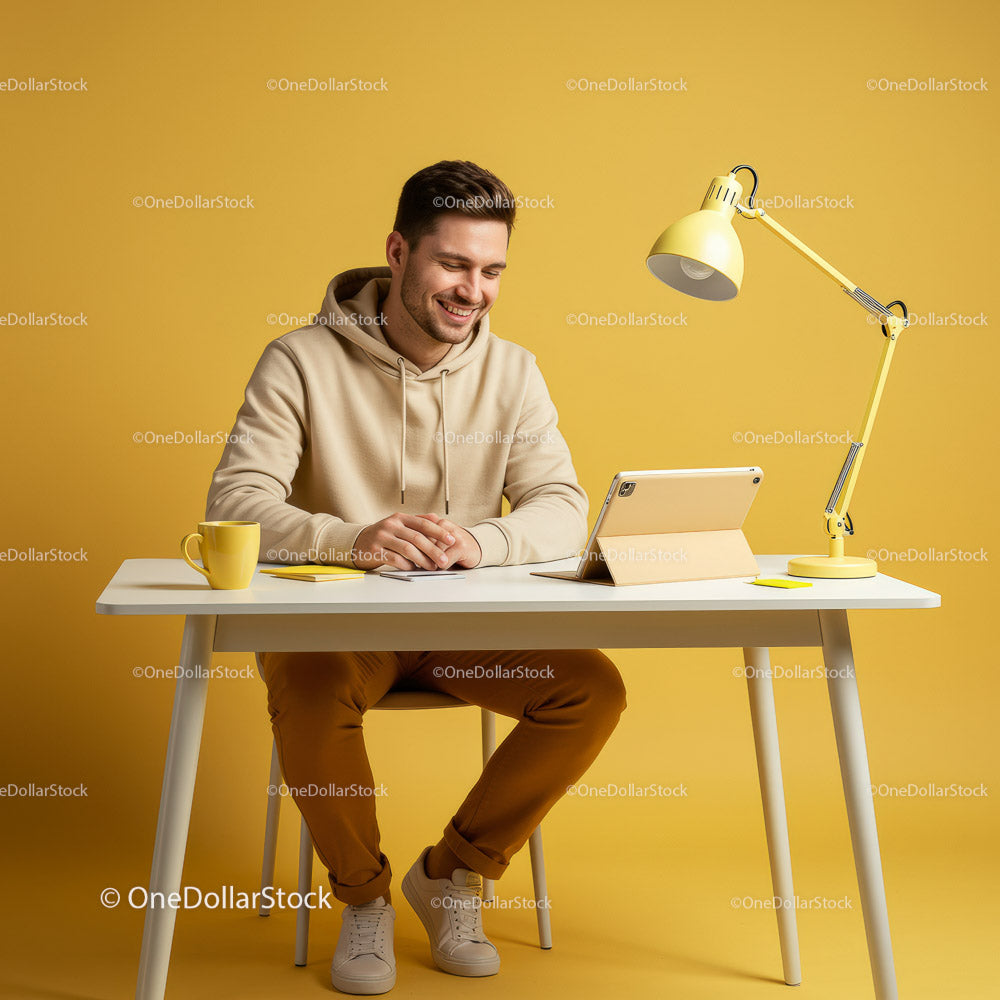 Smiling Man in Casual Attire at Modern Yellow Workspace