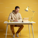 Smiling Man in Casual Attire at Modern Yellow Workspace