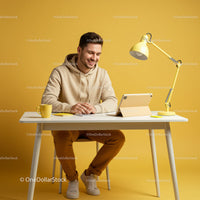 Smiling Man in Casual Attire at Modern Yellow Workspace