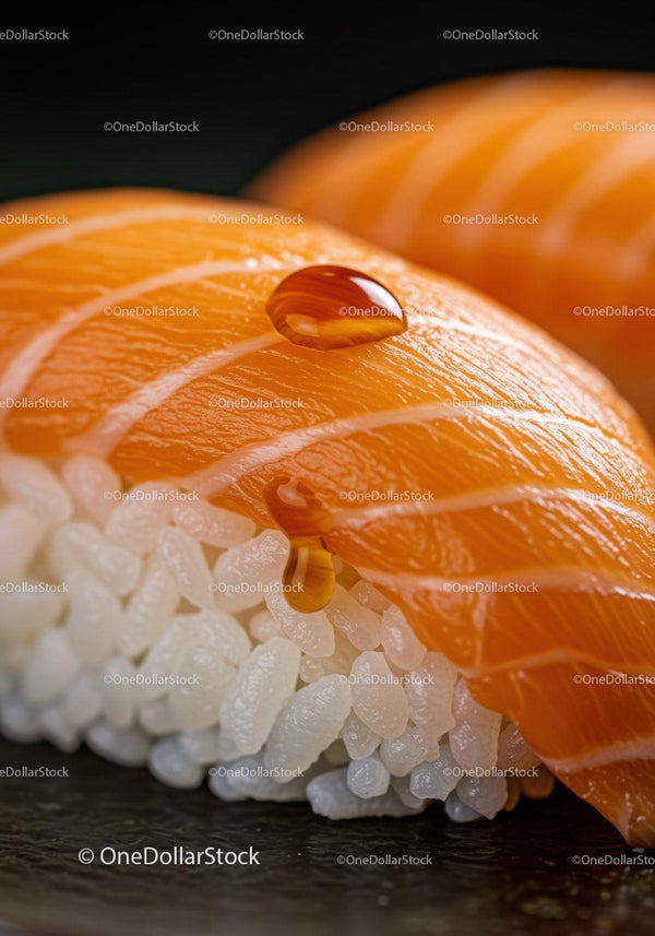Fresh salmon nigiri sushi with soy sauce drop close up