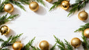 Golden Christmas ornaments with green pine branches border