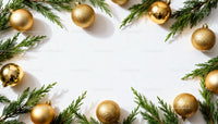 Golden Christmas ornaments with green pine branches border