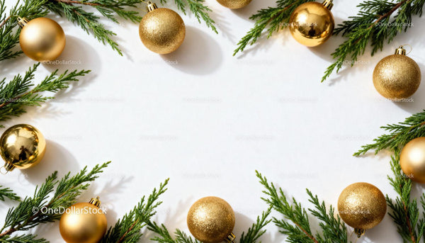 Golden Christmas ornaments with green pine branches border