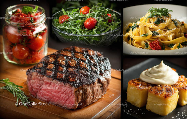Juicy Grilled Beef Steak with Fresh Cherry Tomatoes and Spinach Pasta