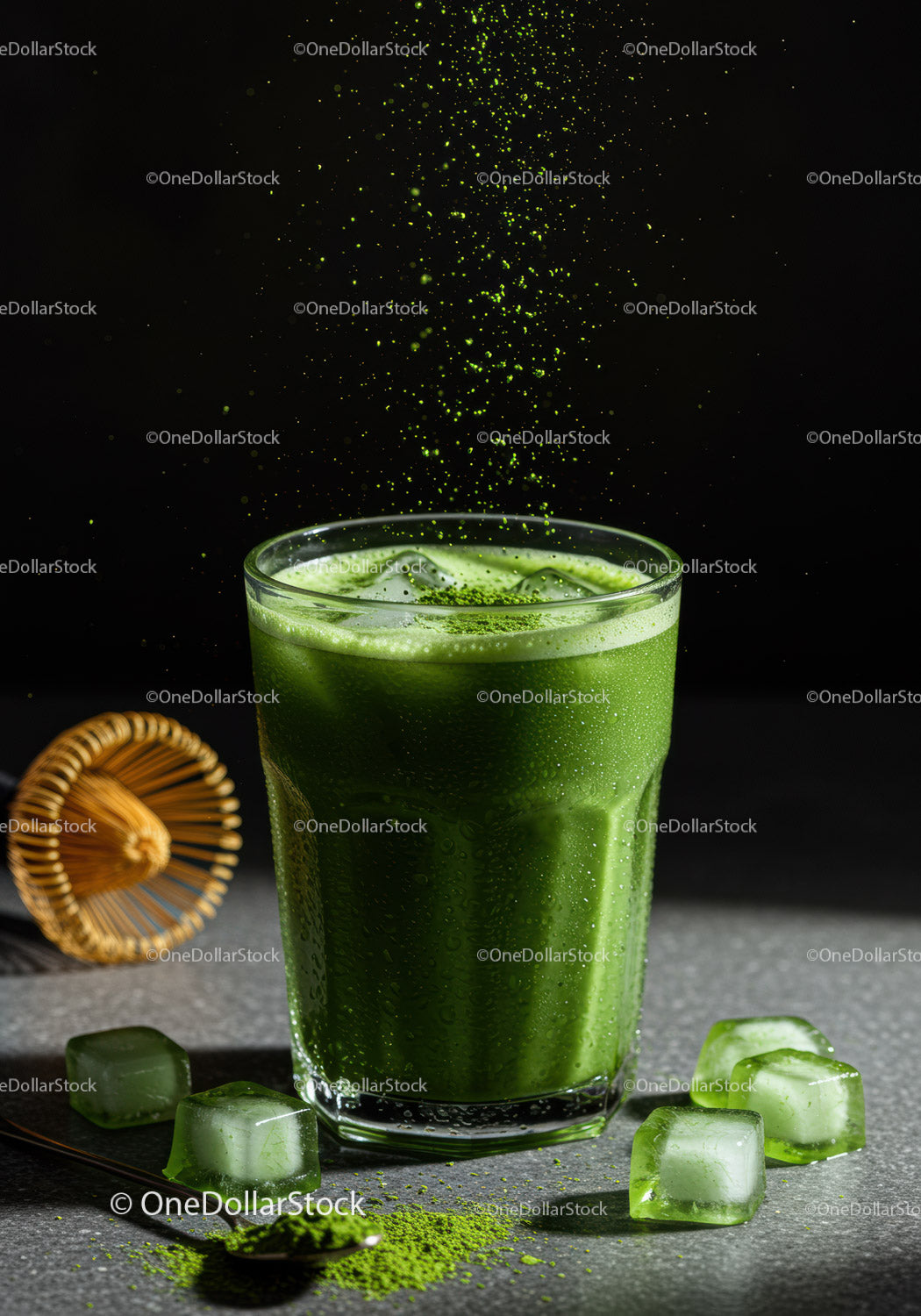 Refreshing iced matcha latte with powdered green tea