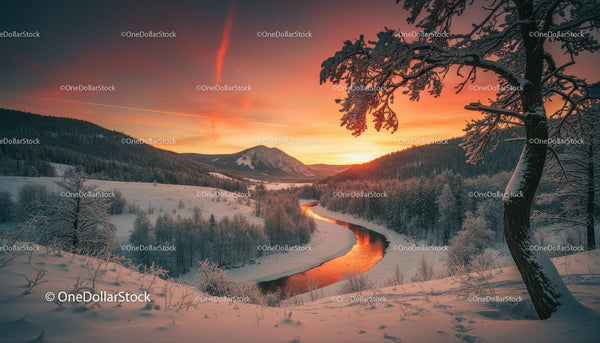 Winter River Valley at Vibrant Sunset Glow