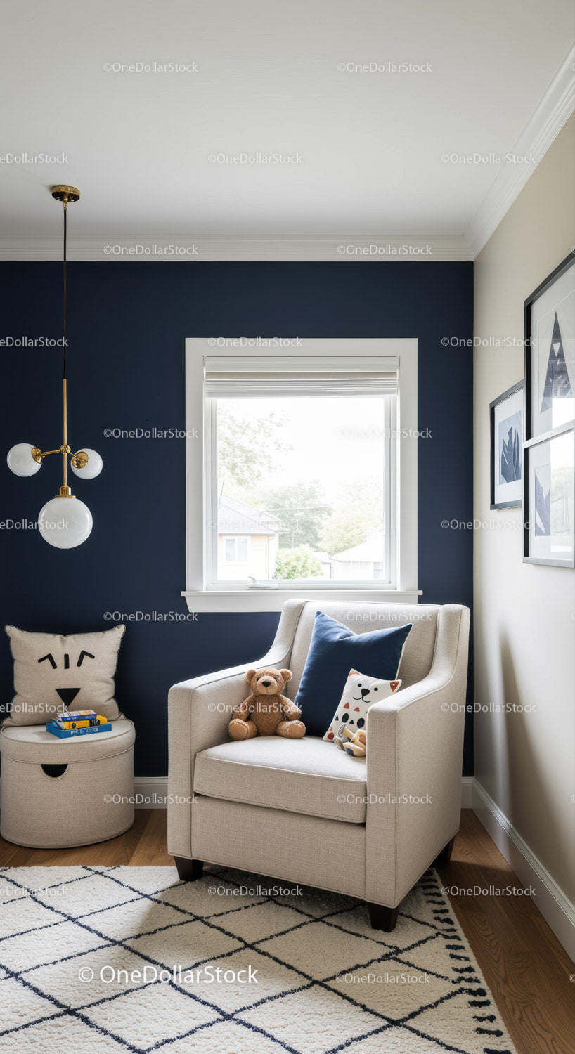 Cozy Living Room with Beige Armchair and Playful Plush Toys