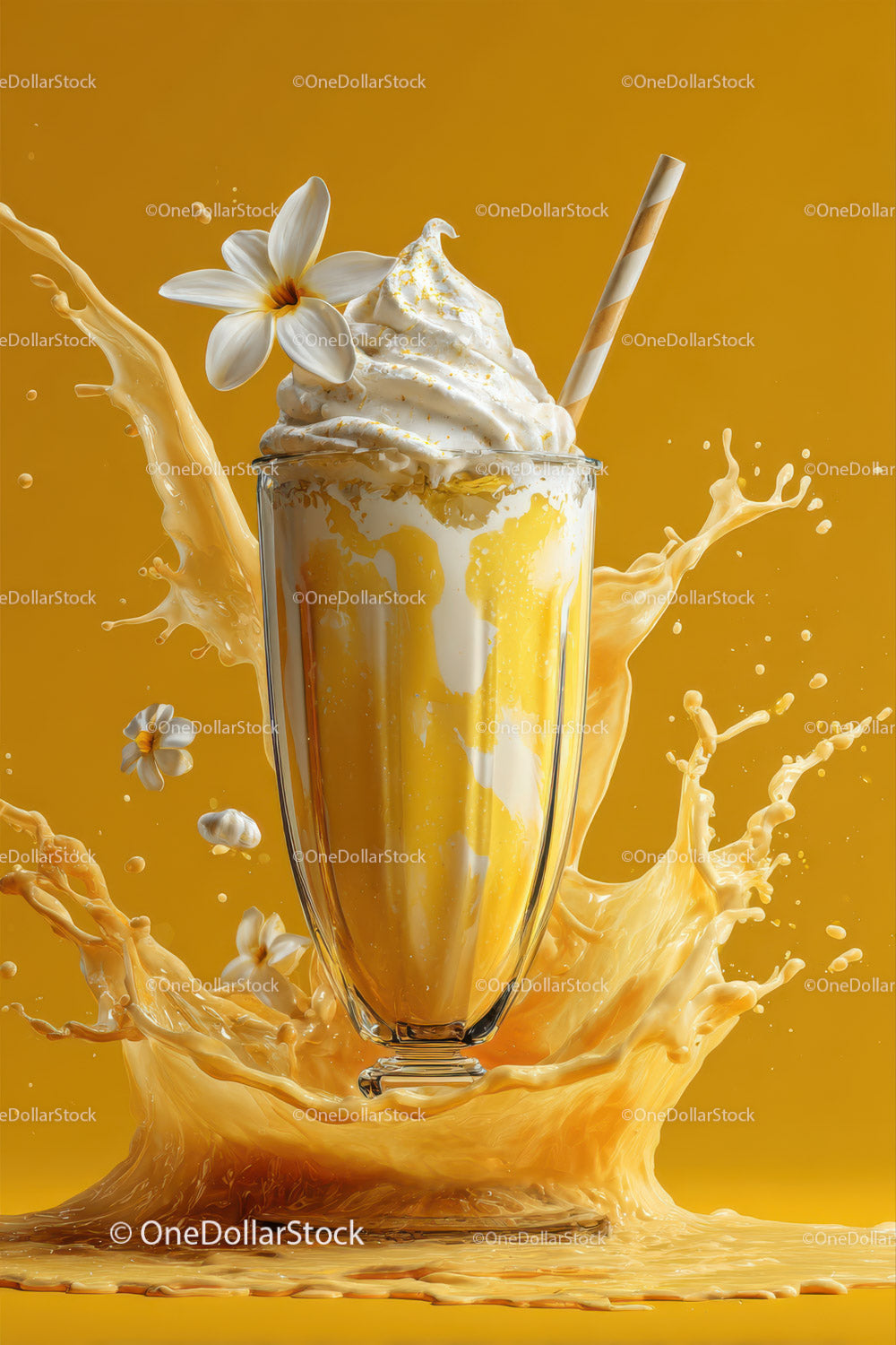 Cold Iced Coffee with Whipped Cream and Vanilla Flower on Yellow Background