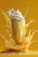 Cold Iced Coffee with Whipped Cream and Vanilla Flower on Yellow Background