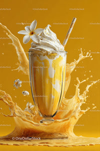 Cold Iced Coffee with Whipped Cream and Vanilla Flower on Yellow Background