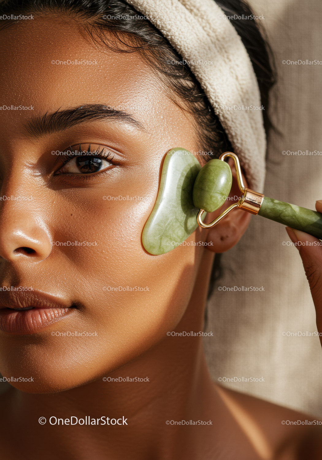 Close-up of a Woman Using Jade Roller for Face Skincare