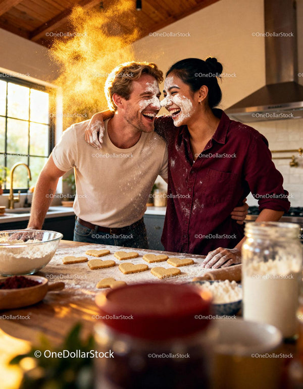 Couple Playfully Baking Heart Shaped Cookies Together
