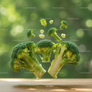 Fresh broccoli florets floating above wooden surface