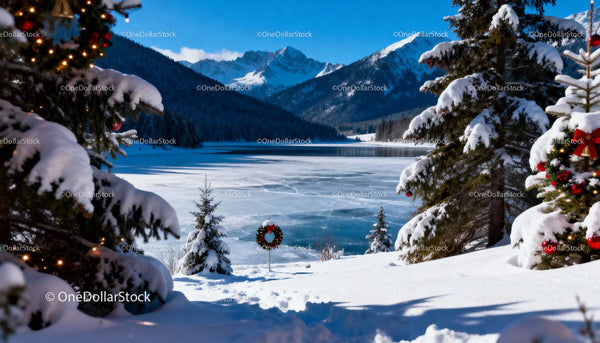 Snowy Mountain Lake with Festive Christmas Decorations