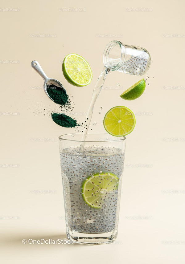 Refreshing chia seed drink with lime and spirulina powder
