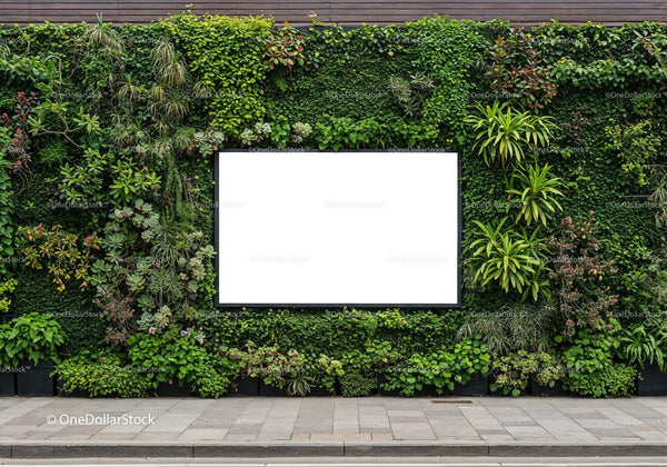 Urban green wall with blank advertising board outdoors JPG Mockup Image