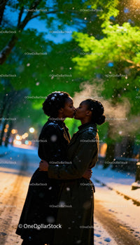 Couple sharing a tender winter kiss in snowy park