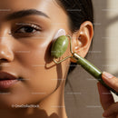 Close-Up of Woman Using Jade Roller on Face for Skin Rejuvenation