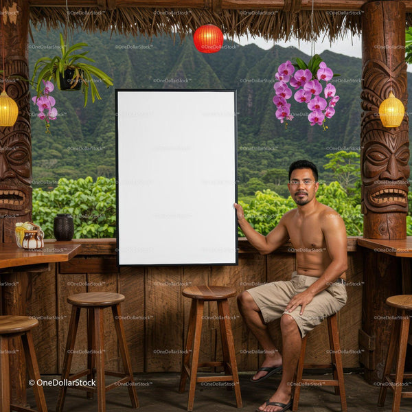 Shirtless man sitting by tropical bar with blank poster JPG Mockup Image