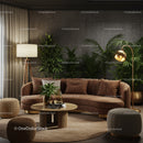 Cozy living room with brown sofa and lush green plants