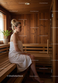 Woman Relaxing in Wooden Sauna Sauna Room in Wellness Center
