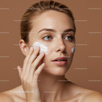 Young Woman Applying Skincare Cream with Natural Makeup and Glow