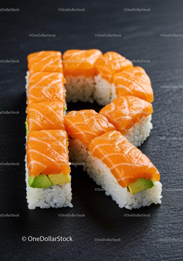 Świeże sushi z łososia w kształcie litery R na czarnym łupku