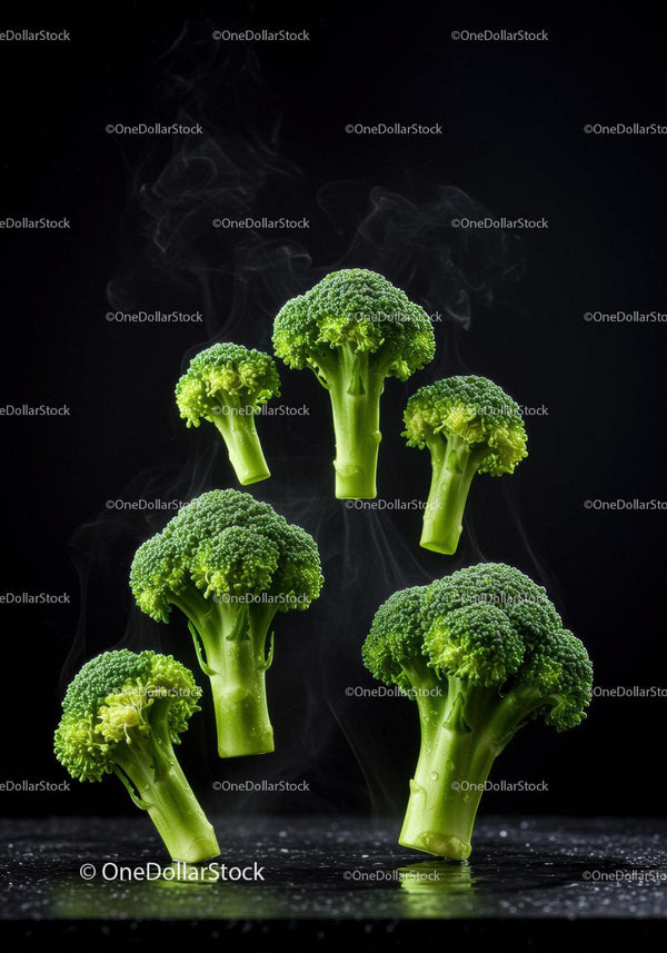 Fresh broccoli florets with steam on black background