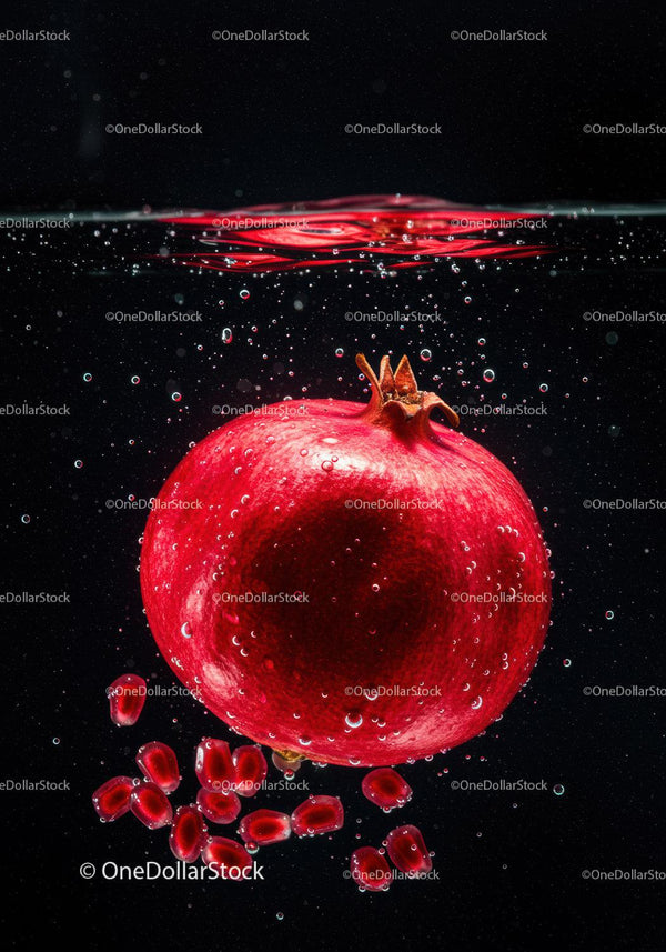 Fresh pomegranate submerged in sparkling water drops