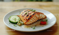 Fresh Grilled Salmon with Cucumber Cherry Tomato Garnish on White Plate