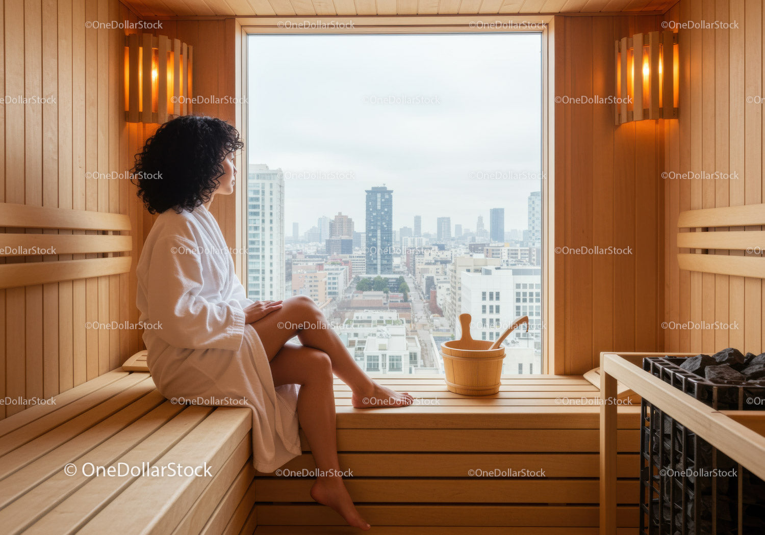 Relaxing Woman Sitting in Sauna with City View in Modern Wellness Center