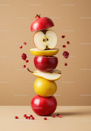 Stacked mixed fruits with pomegranate seeds in beige setting