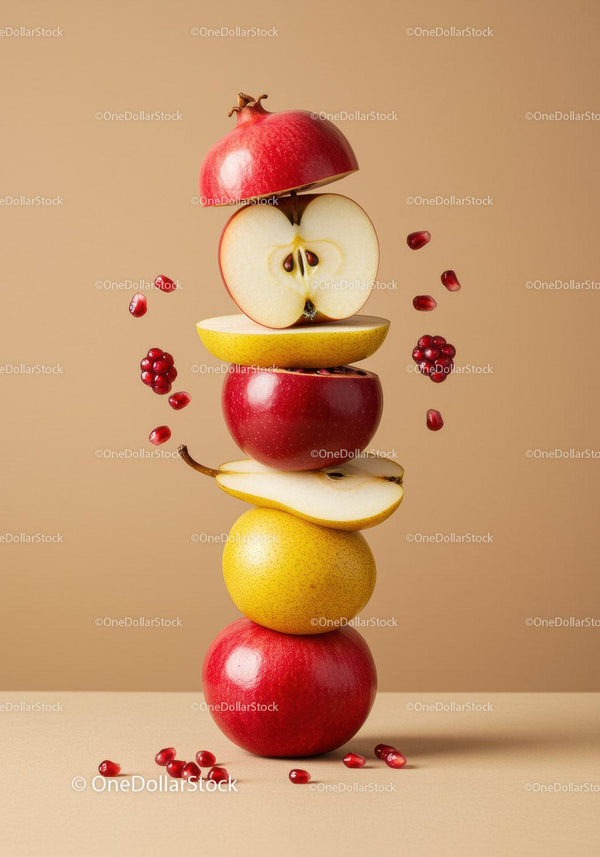 Stacked mixed fruits with pomegranate seeds in beige setting