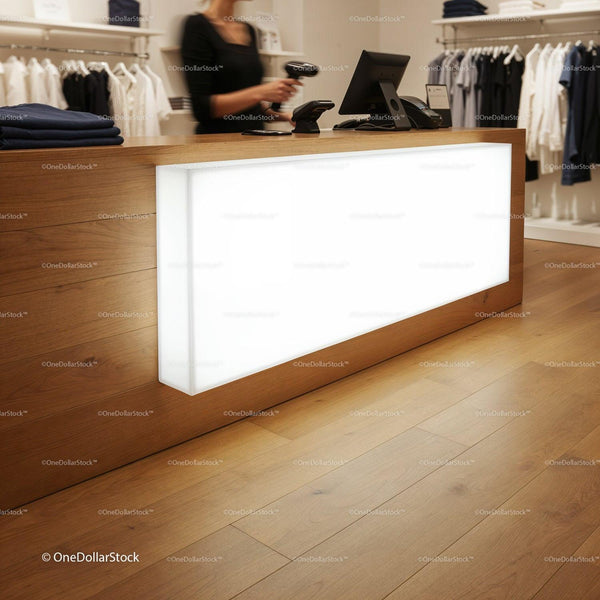 Modern retail counter with cash register and clothing display JPG Mockup Image