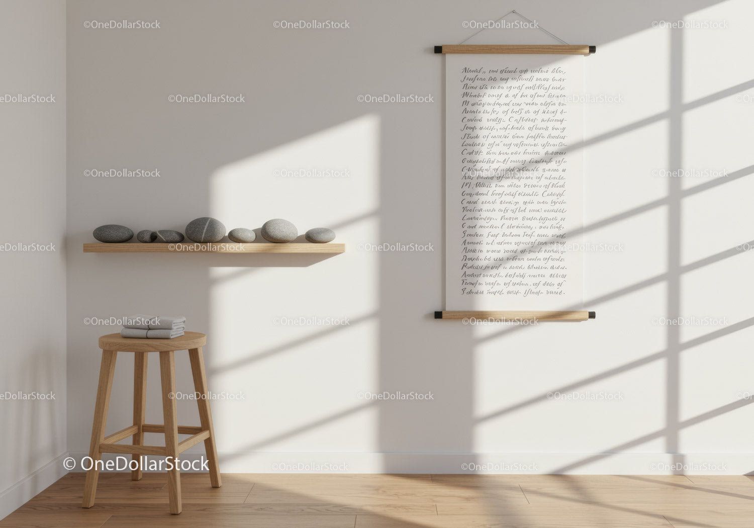 Minimalist Interior with Wooden Stool and Decorative Stones