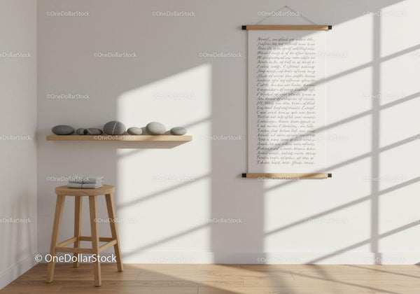 Minimalist Interior with Wooden Stool and Decorative Stones
