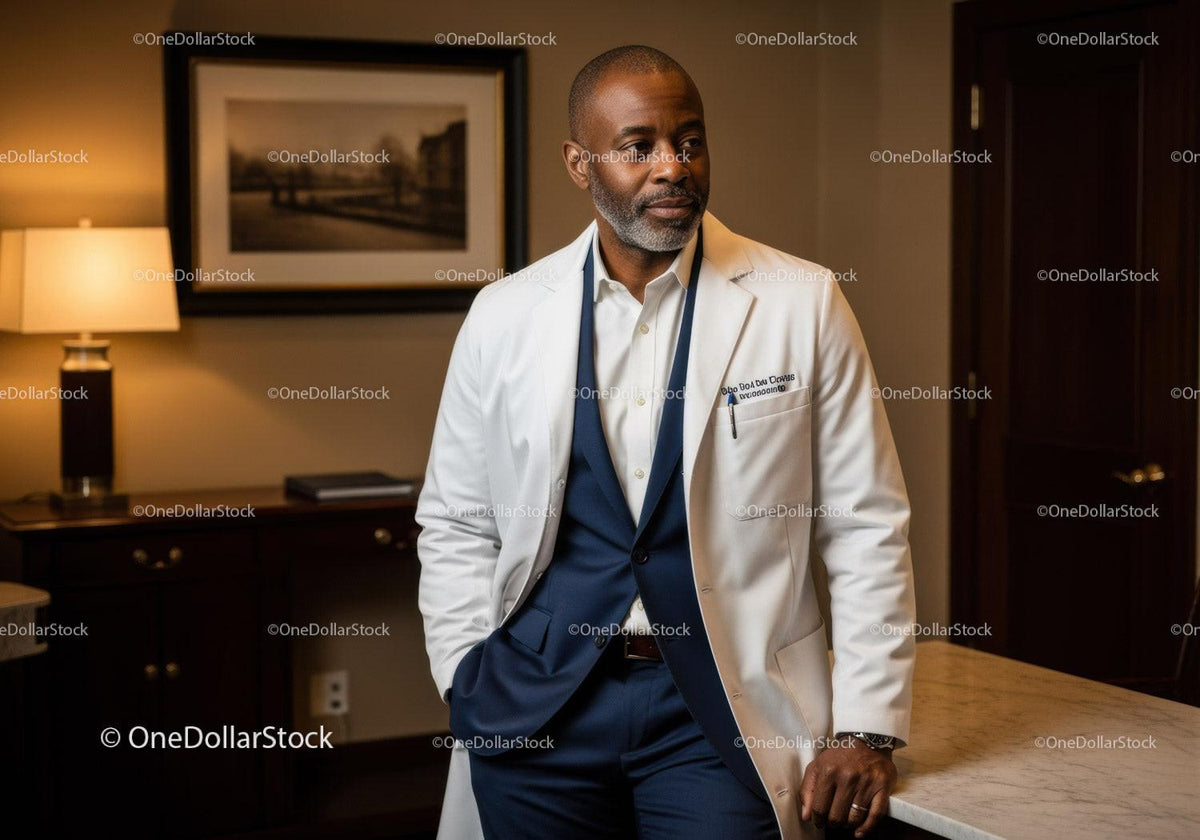 Senior African American Male Doctor in White Coat in Hospital Office