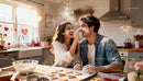 Couple Playfully Baking Heart Cookies Together In Kitchen
